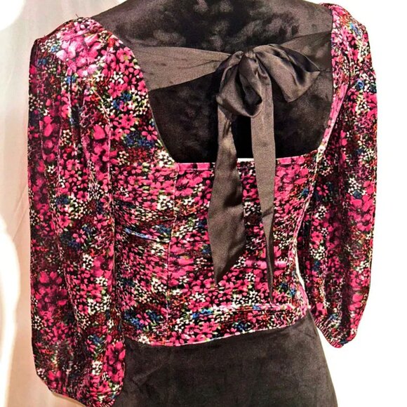 SO Brand Velvet Crop Top, Purple & Pink Poppies, Back Bow, Size Small - Picture 3 of 5